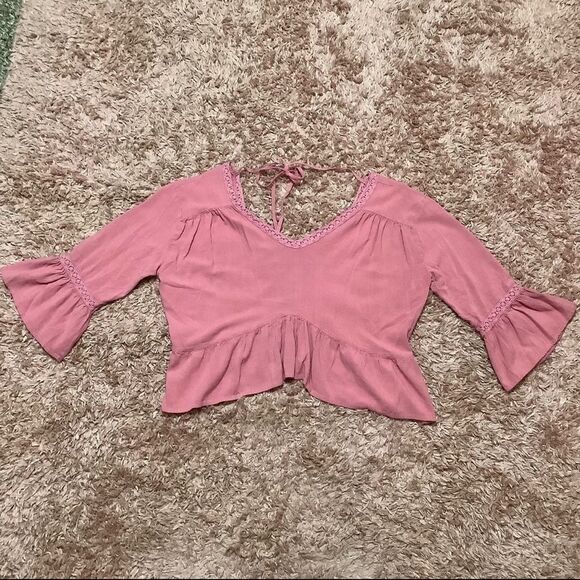 DMonas Pink Bohemian Hippie Cropped Ruffle Peasant Blouse Size Medium - Picture 2 of 11